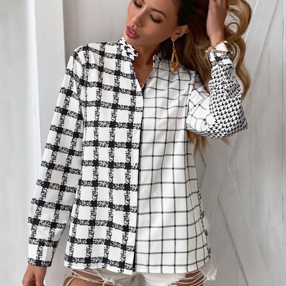 black white houndstooth button up top boyfriend - Picture 5 of 5